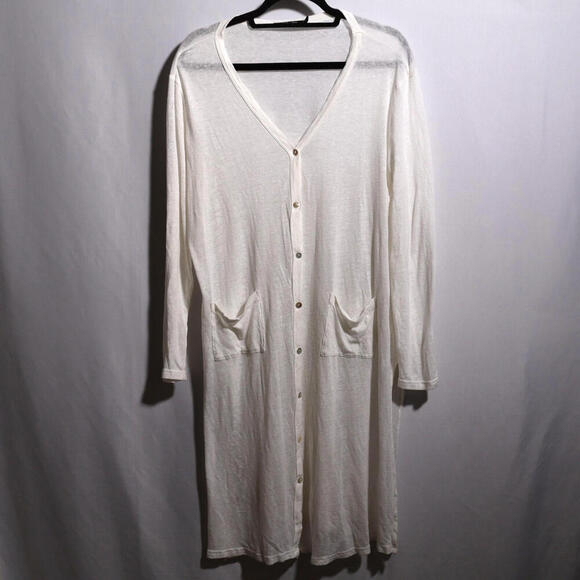 Doe & Rae Long White Duster Cardigan Lightweight Buttons Linen Modal Beachy Sz L - Picture 1 of 9